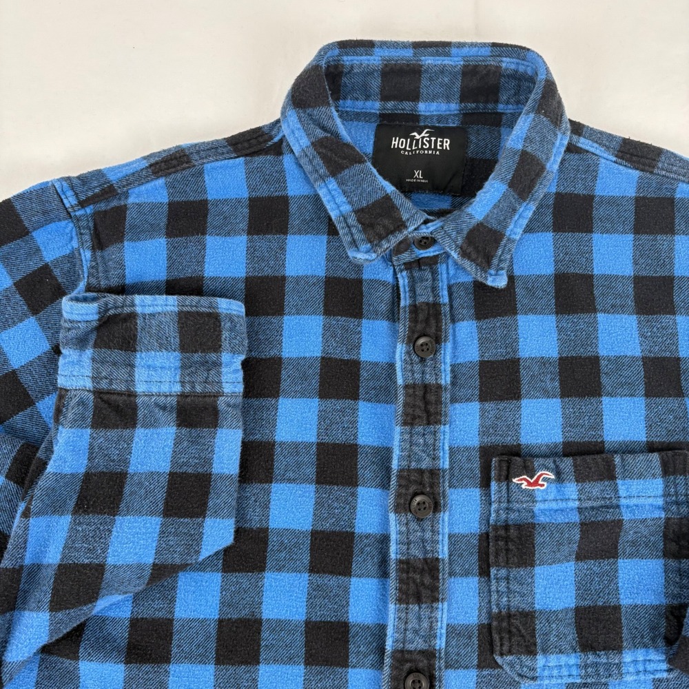 Hollister Mens XL Flannel Shirt Blue Black Plaid Button‎ Up Long Sleeve